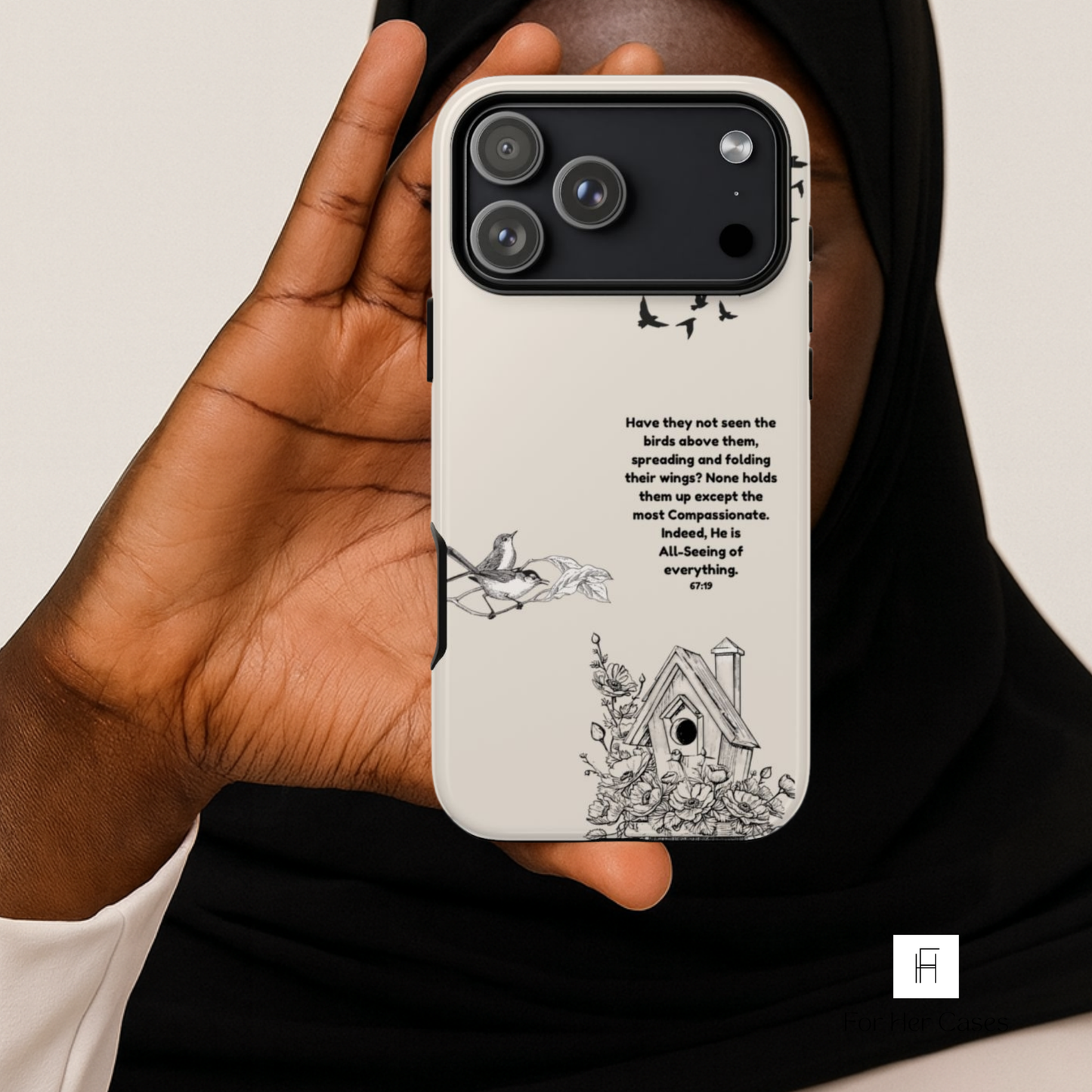 Islamic Phone case with Quran verse bird illustrations and text held by a hand